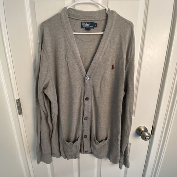 Vintage Polo Ralph Lauren Cardigan Sweater Men’s Large Pockets Grandpa Gray